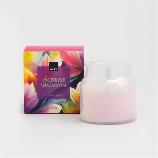 Candela Sunrise Blossom in edizione limitata, realizzata in cera rosa e contenuta in un barattolo di vetro perlato, ideale per profumare l'ambiente. - 8 | Avon