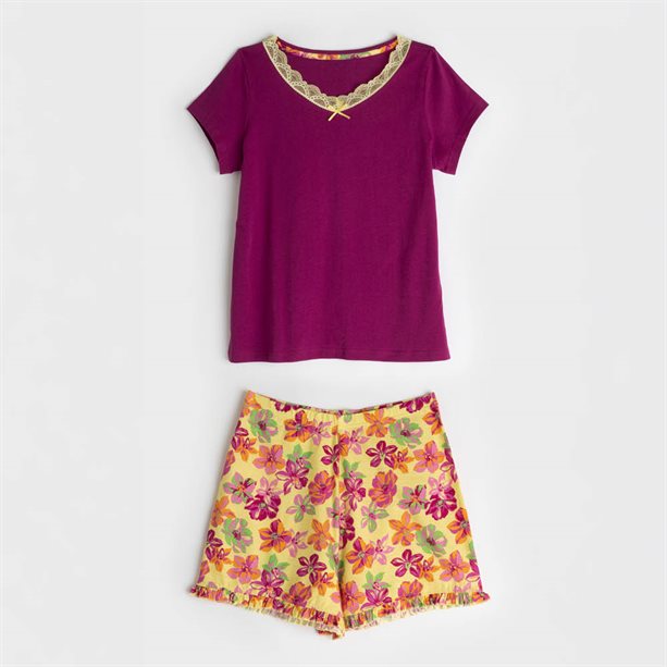 Pigiama corto estivo da donna in puro cotone con maglietta a maniche corte e pantaloncini con volant, fantasia di fiori di ibisco rosa. - 0 | Avon