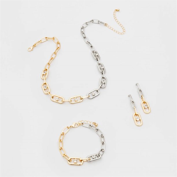 Set di 3 Articoli Cora con design a graffetta: collana, bracciale e orecchini in placcatura oro e bronzo bianco. - 1 | Avon