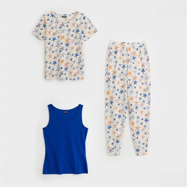 Set pigiama 3 pezzi donna Floral Starfish con canotta, pantaloni e kimono in morbido tessuto leggero, ideale per loungewear e sleepwear. - 5 | Avon