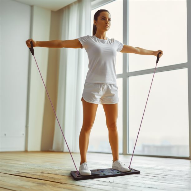 Kit Gym multifunzione pieghevole con tavola codificata a colori per push-up, potenziamento muscolare e allenamento funzionale completo, completo di maniglie ergonomiche e bande elastiche. - 16 | Avon