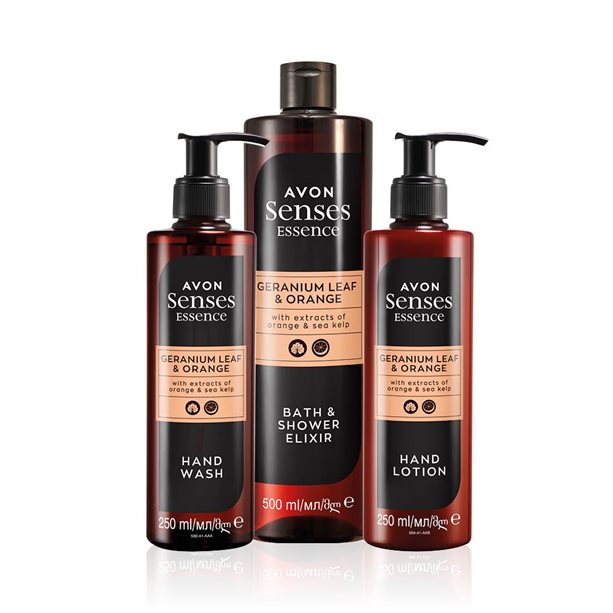 Set Energizzante Foglia Di Geranio e Arancia Senses Essence | Avon Set Senses Essence con lozione mani, detergente mani ed elisir bagno-doccia alla foglia di geranio e arancia, arricchito con estratti naturali. - 13 | Avon