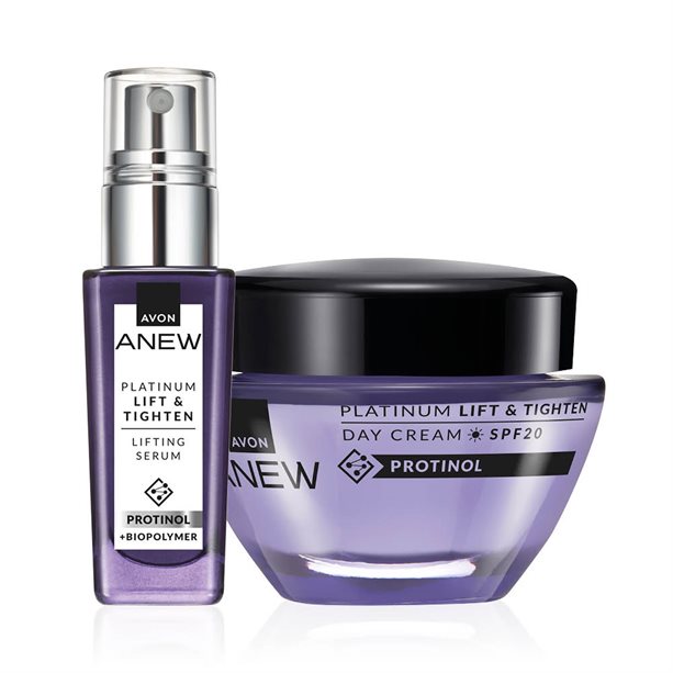 Set di 2 Lifting Lift & Tighten Platinum Anew | Avon Set Lifting Lift & Tighten Platinum Anew con siero e crema giorno SPF20, arricchito con Protinol™, per un effetto rassodante e ridefinizione dei contorni del viso. - 15 | Avon