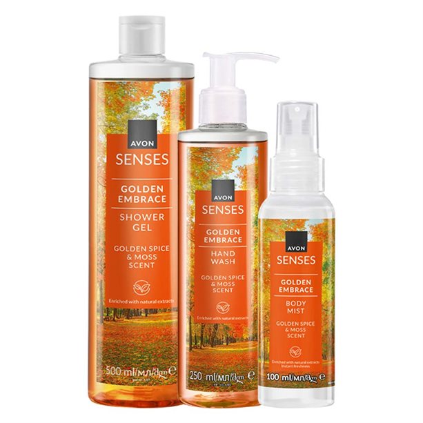 Set di 3 Golden Embrace | Avon Set Golden Embrace con spray corpo, detergente mani e bagnoschiuma, profumati con spezie dorate e muschio per un'atmosfera autunnale. - 33 | Avon