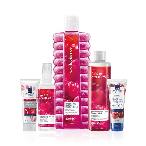 Set Gioia Al Lampone con crema rigenerante per talloni, crema mani alla ciliegia e bagnoschiuma al lampone. - 30 | Avon