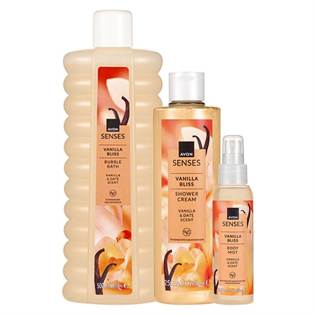 Set Vanilla Bliss per la cura del corpo, composto da crema doccia, bagnoschiuma e spray corpo, con intense note aromatiche di vaniglia e spezie. - 9 | Avon