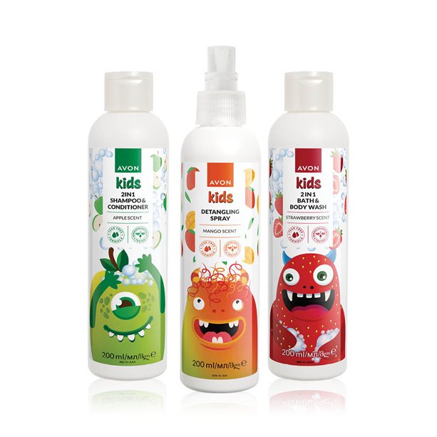 Set Avon Kids | Avon Set Avon Kids con shampoo e balsamo alla mela, detergente corpo e bagnoschiuma alla fragola, e spray scioglinodi al mango, ideale per bambini dai 3 ai 5 anni. - 23 | Avon
