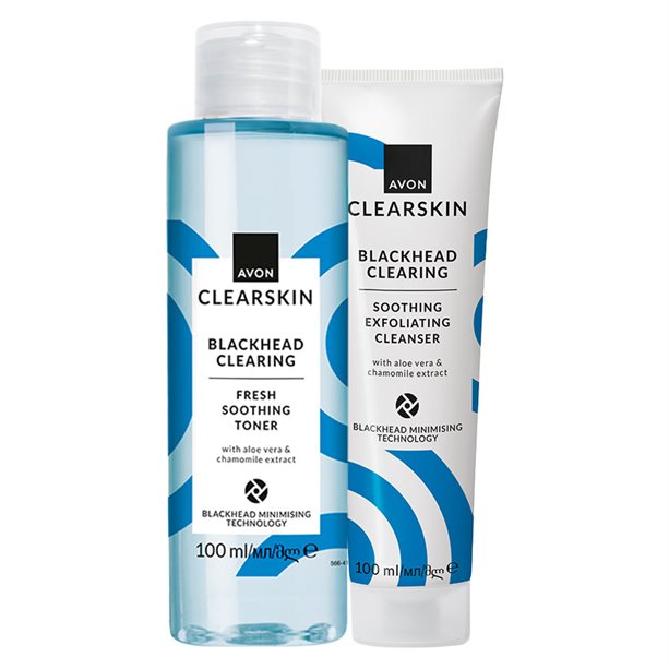 Set di 2 Blackhead Clearing Clearskin | Avon Set di 2 prodotti Clearskin per la pulizia profonda dei punti neri, composto da detergente esfoliante e tonico lenitivo per un incarnato più chiaro e uniforme. - 1 | Avon
