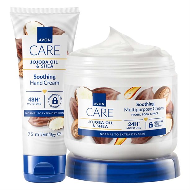 Set di 2 creme lenitive idratanti per pelle secca, con olio di jojoba e burro di karité, composto da crema multiuso e crema mani. - 12 | Avon