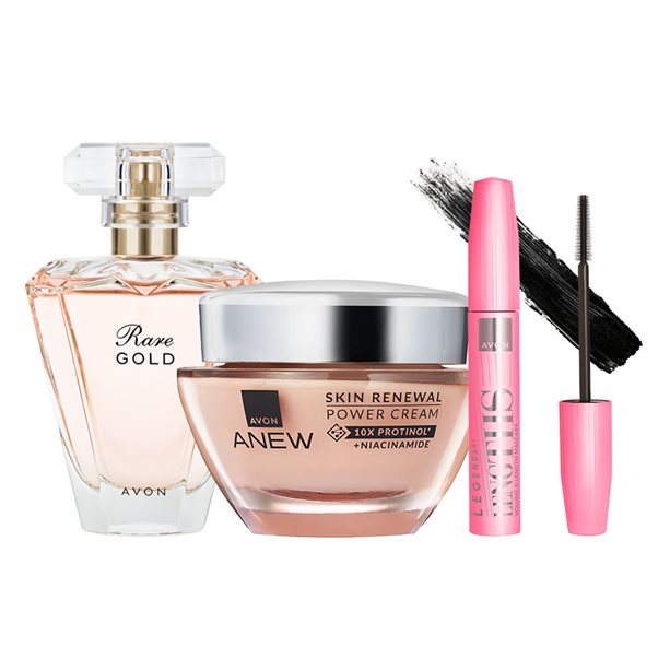 Set Must-Have di Bellezza con Rare Gold Eau de Parfum, Mascara Legendary Lengths e Crema Viso Skin Renewal Power Anew per un look impeccabile. - 3 | Avon